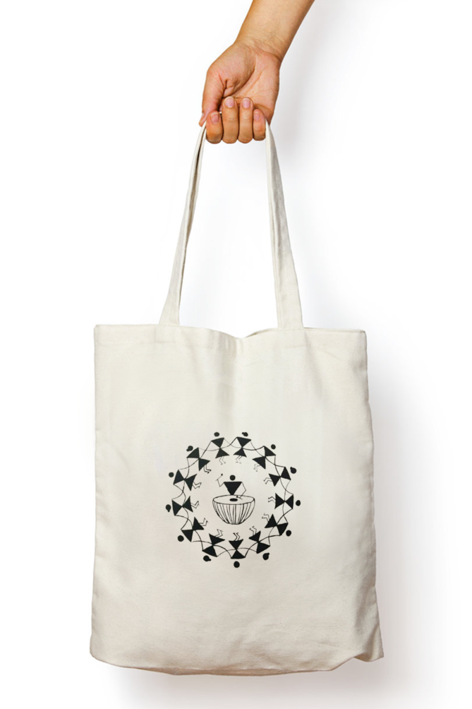Warli Unisex Tote Bag Zipper (khaki & white)