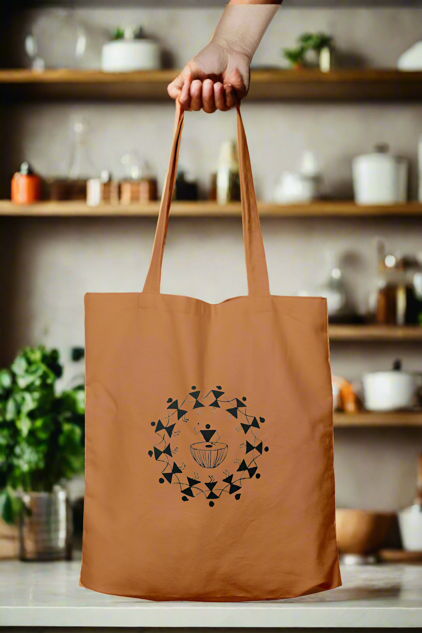 Warli Unisex Tote Bag Zipper (khaki & white)