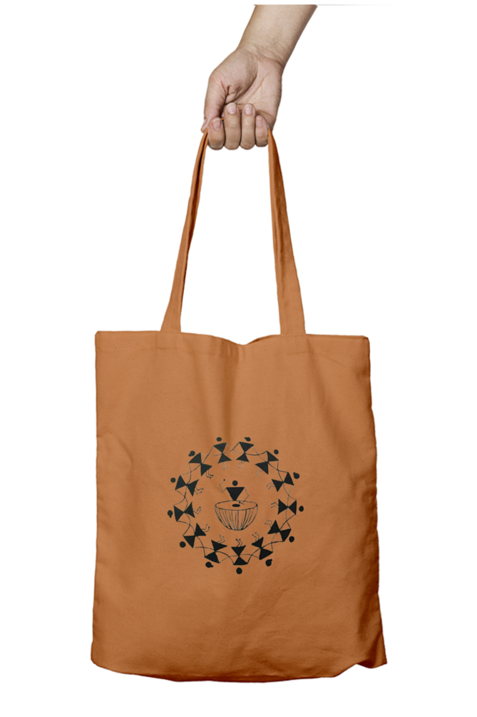 Warli Unisex Tote Bag Zipper (khaki & white)